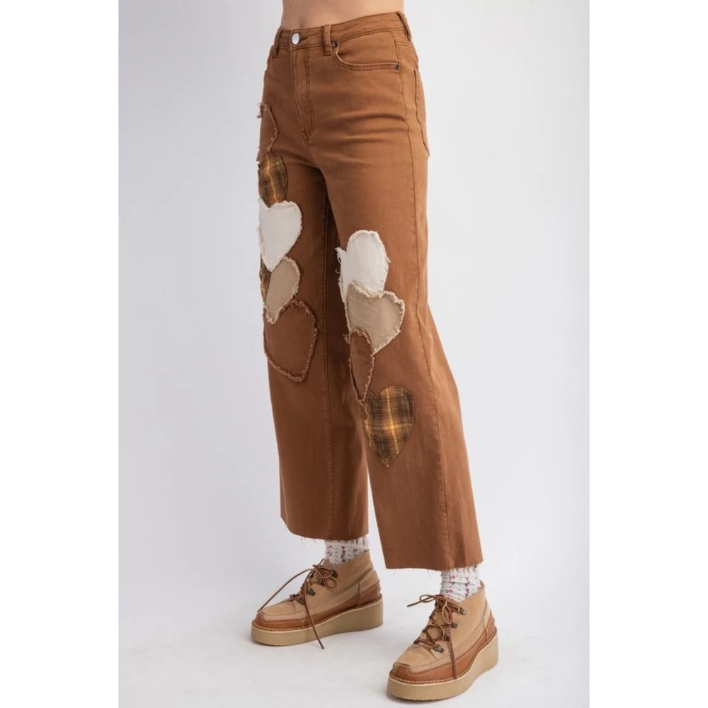 Easel Wood Brown Heart Patch Wide Leg Jeans | High Waist Stretchy Boho Denim - Picture 4 of 7